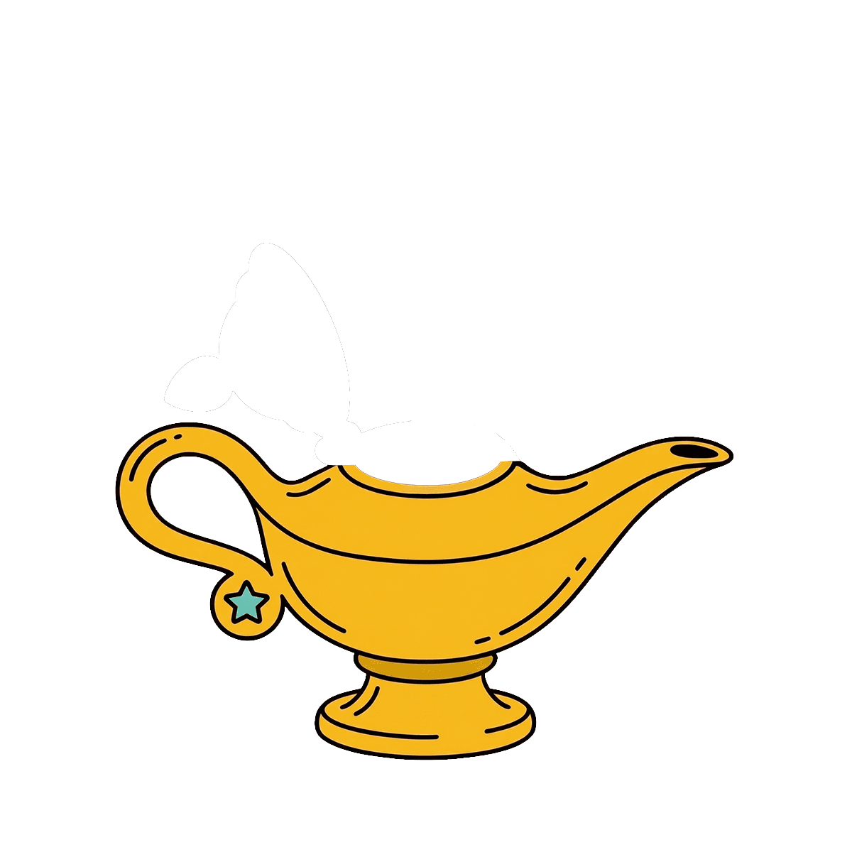 A genie's arm rising from a lamp, holding worksheet cards
