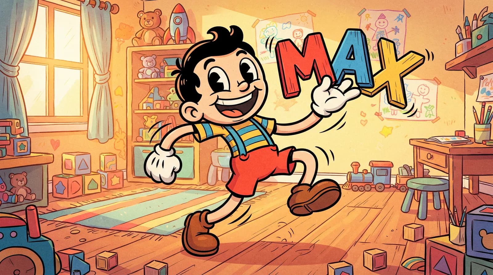 A boy holding up the letters of his own name