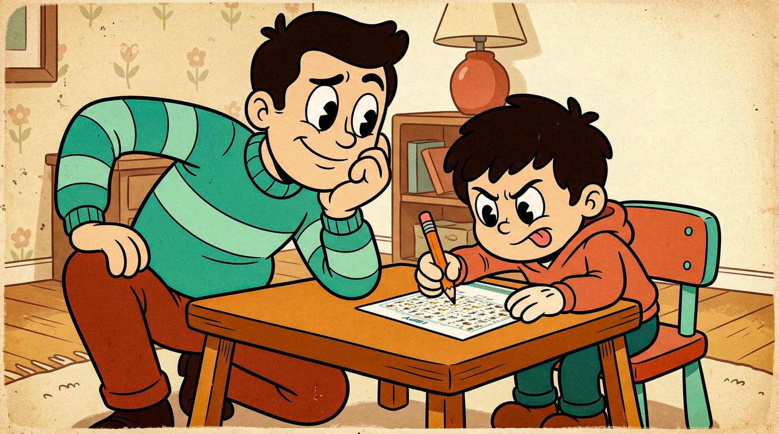 A parent watching a child work, judging whether the level is right