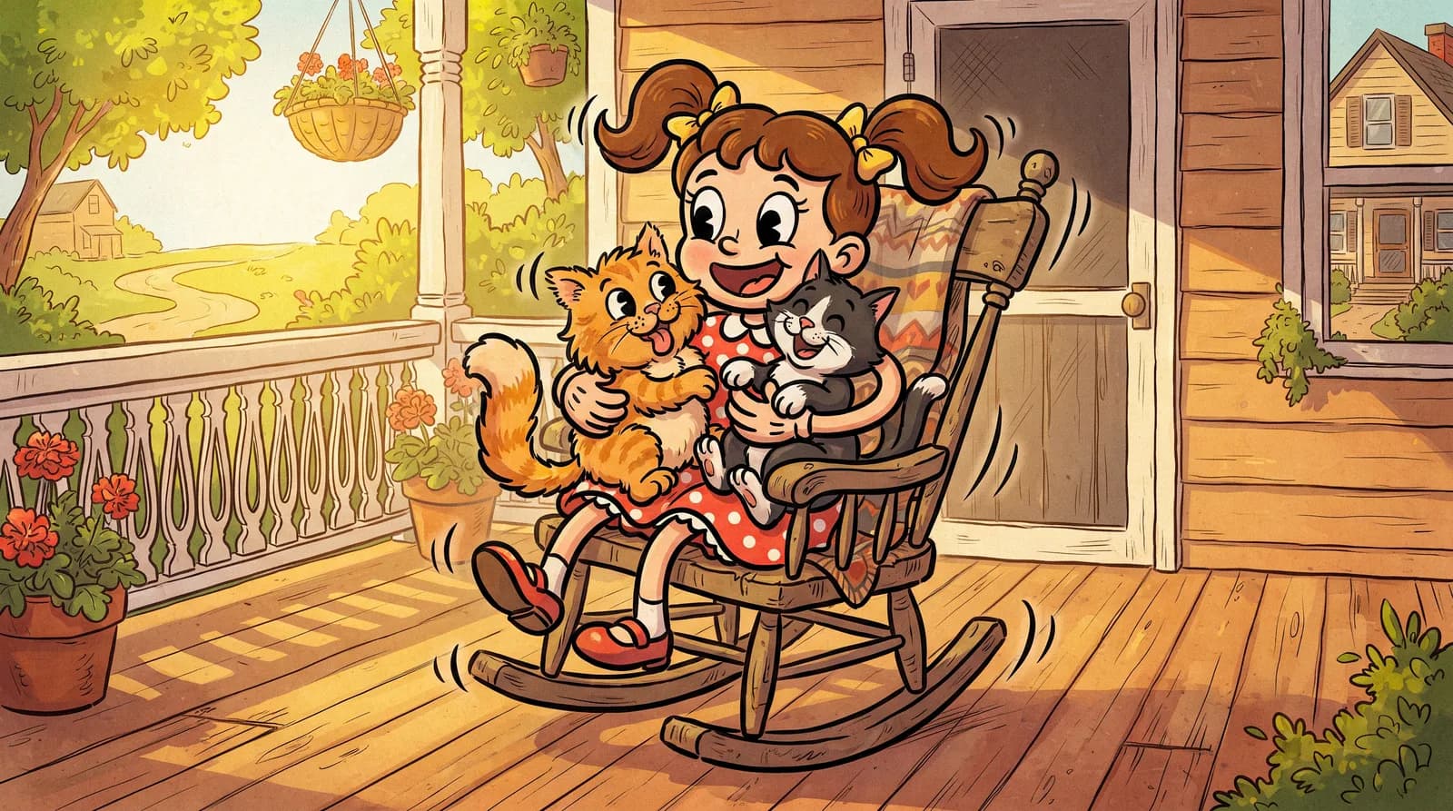 A girl in a rocking chair with two cats in her arms