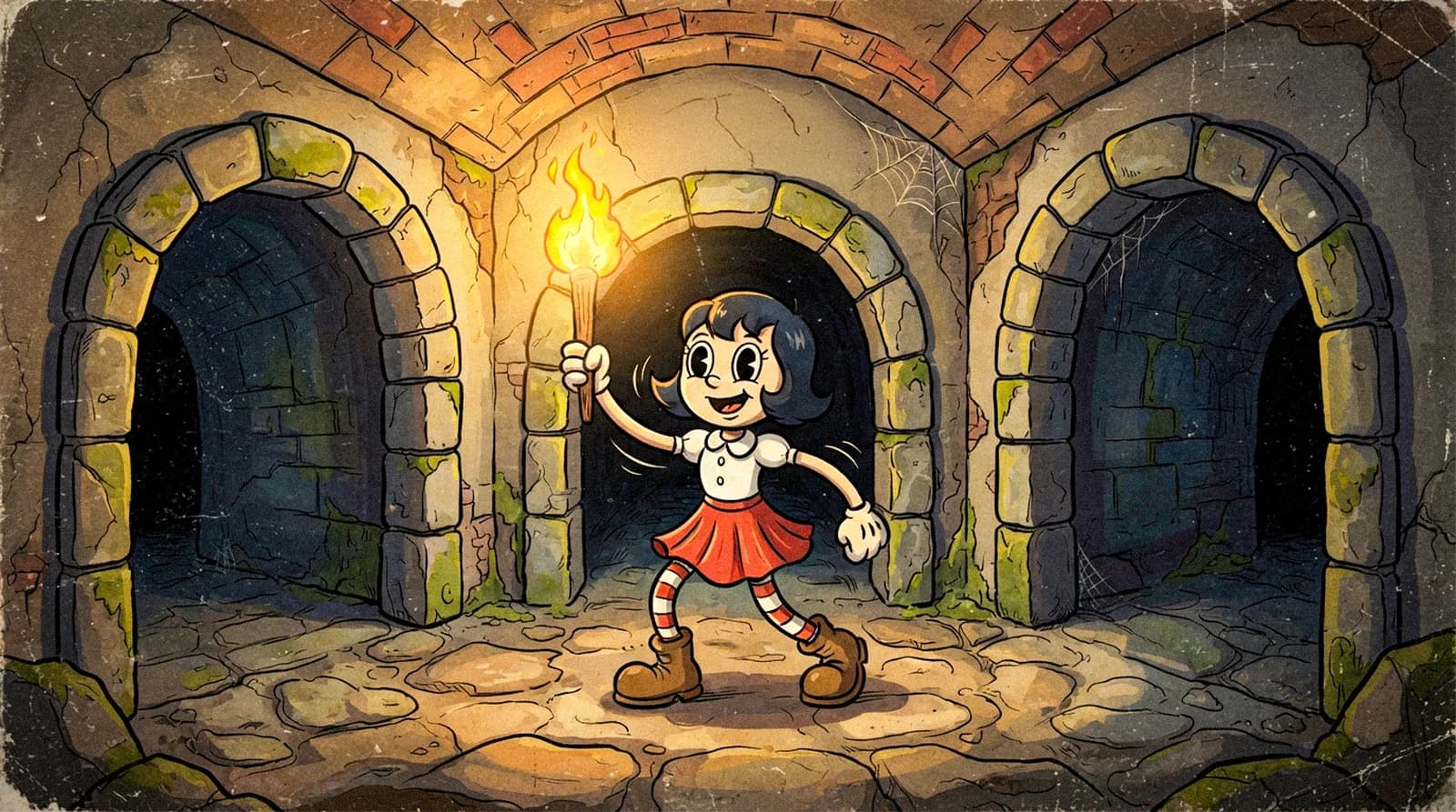 A young explorer with a torch standing in a round stone labyrinth