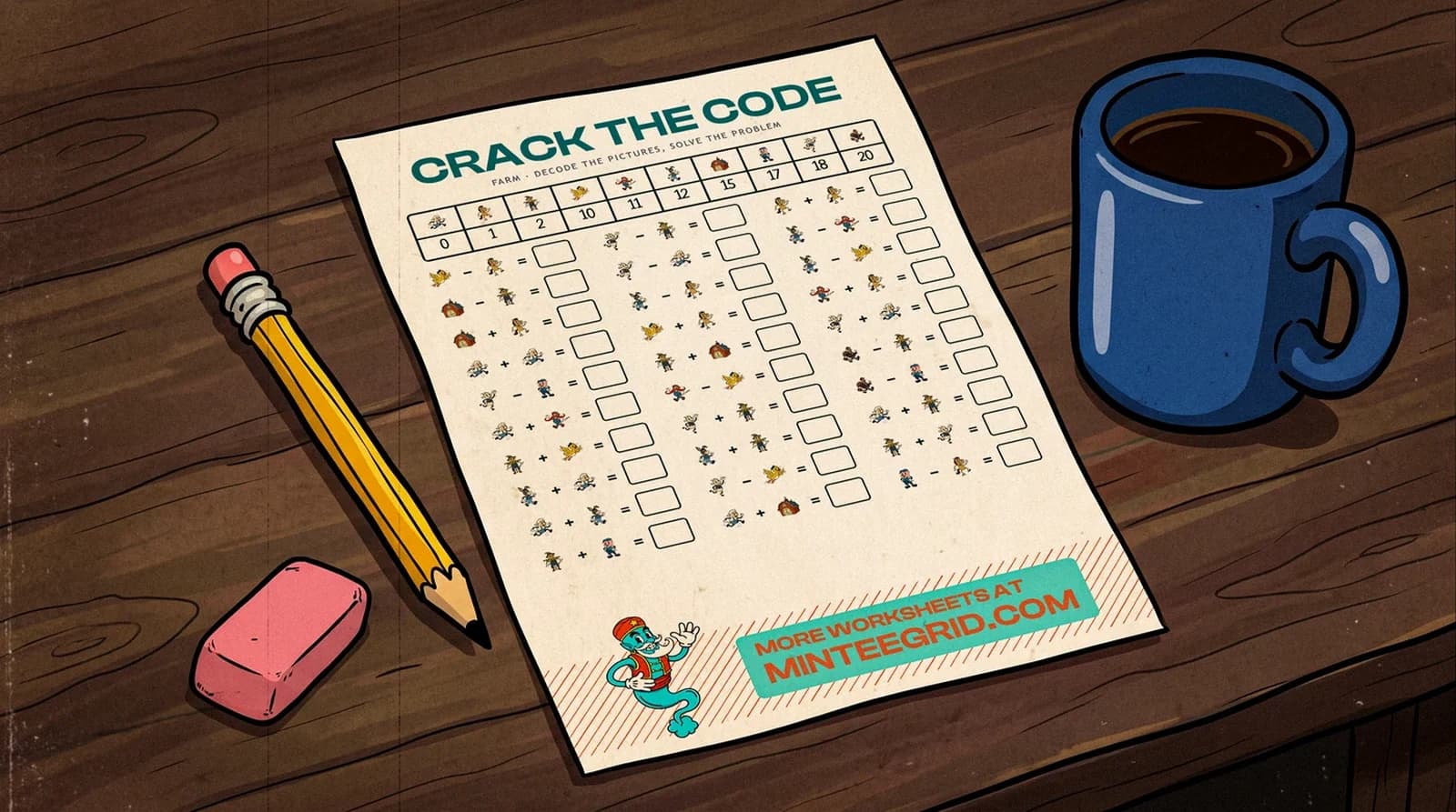 A Crack the Code worksheet on a desk with a pencil, eraser and mug