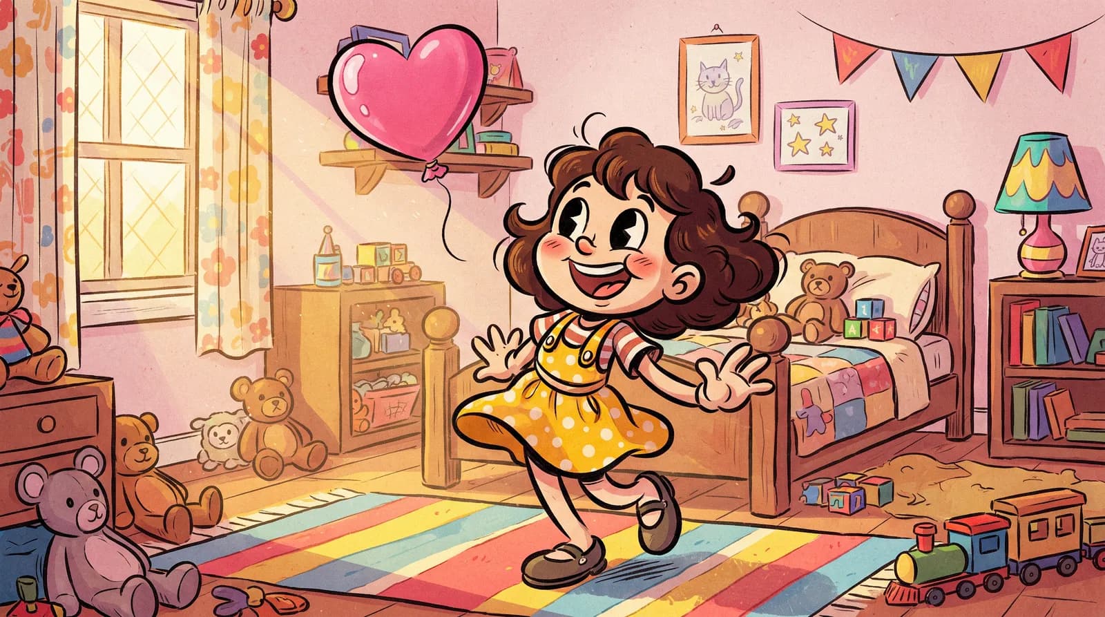 A girl holding a pink balloon with a heart on it