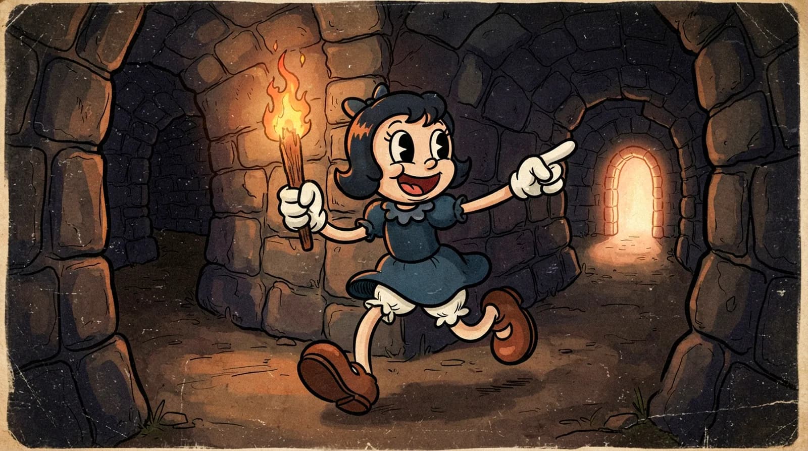 A young explorer holding a torch, pointing down one of two passages