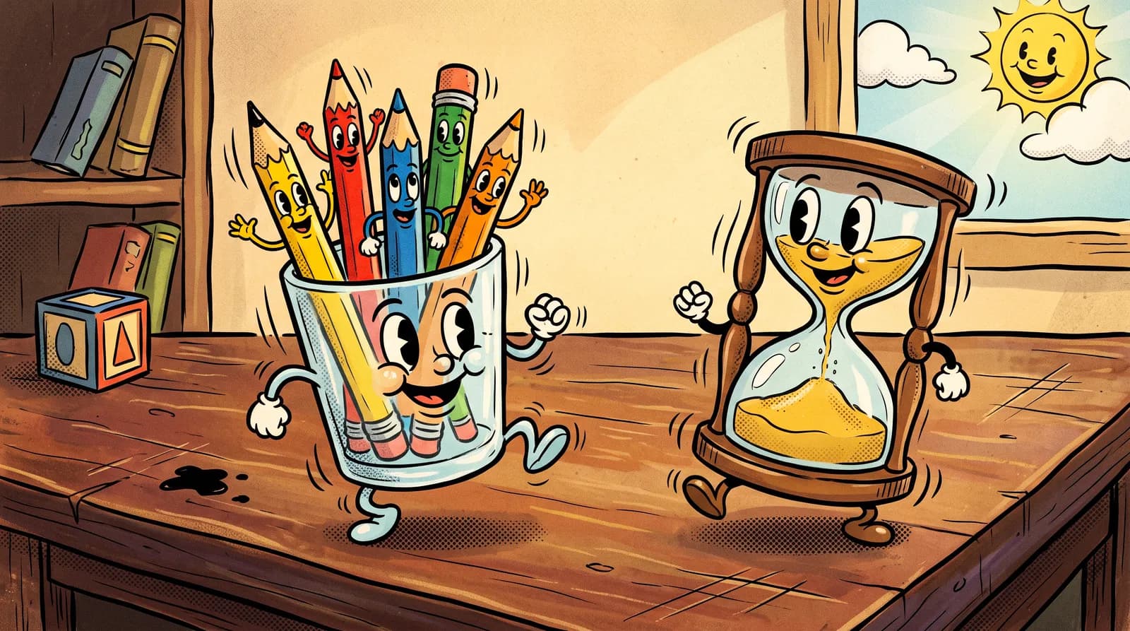 An hourglass and a mug of pencils on a sunlit table