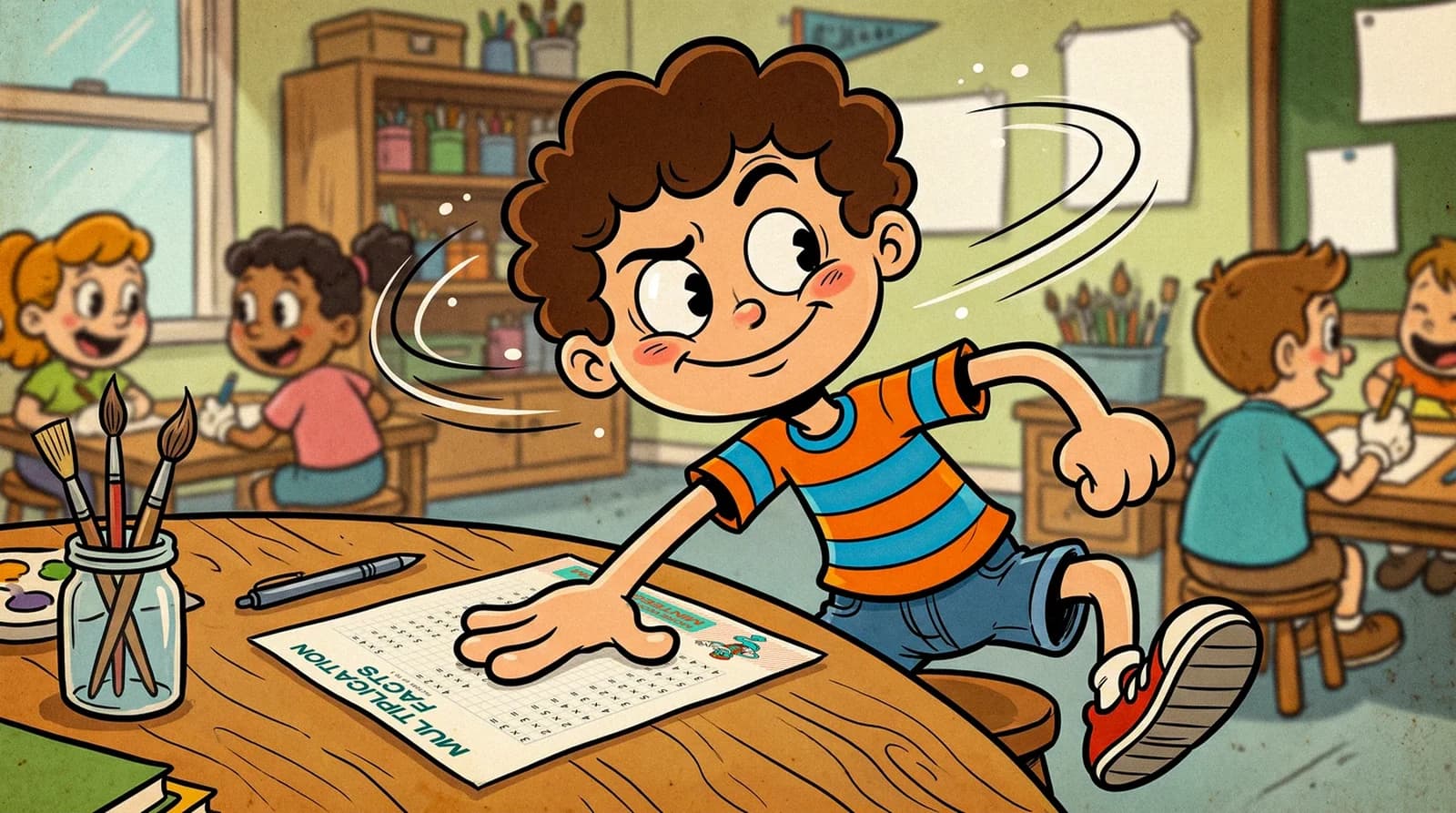 A child sliding onto a classroom desk to get at a multiplication facts sheet