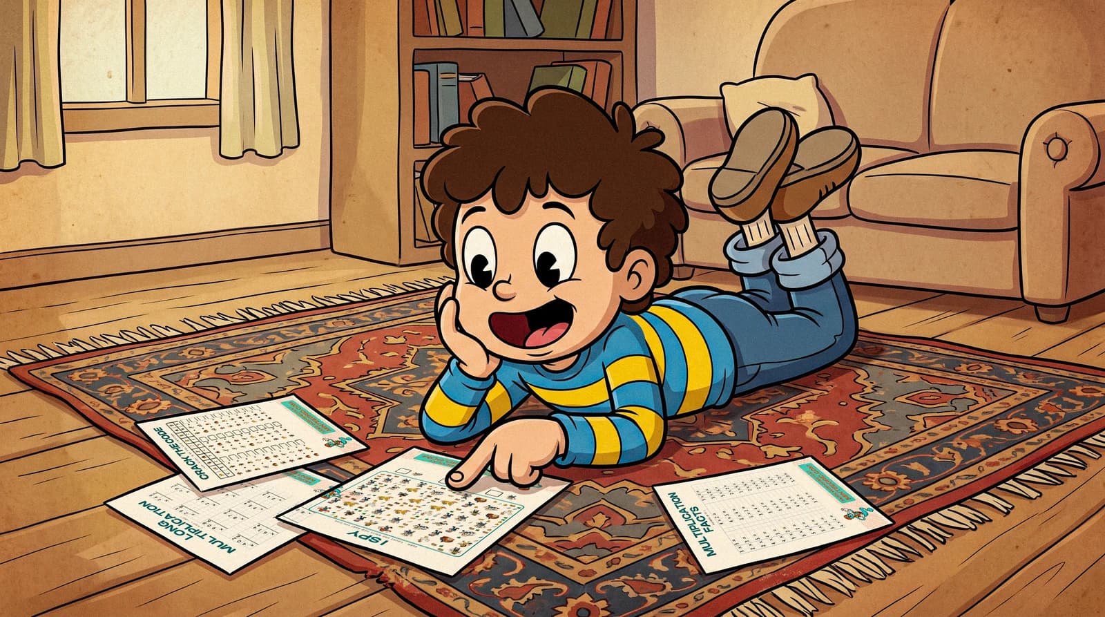 A small child on the floor pointing at a picture, mid-count