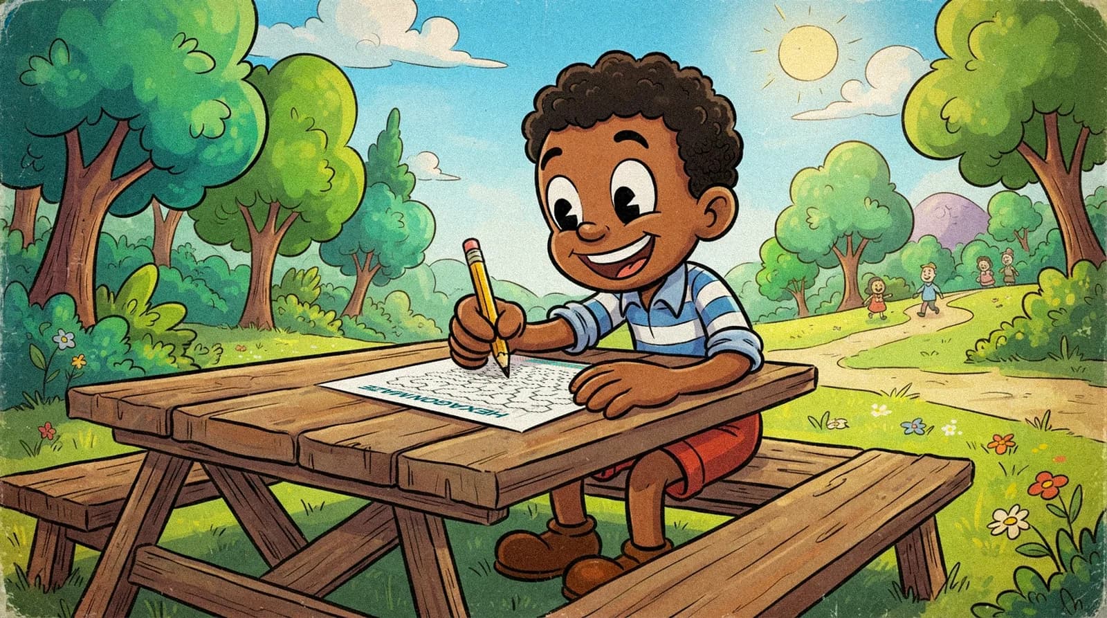 A child drawing at a picnic table on a bright day