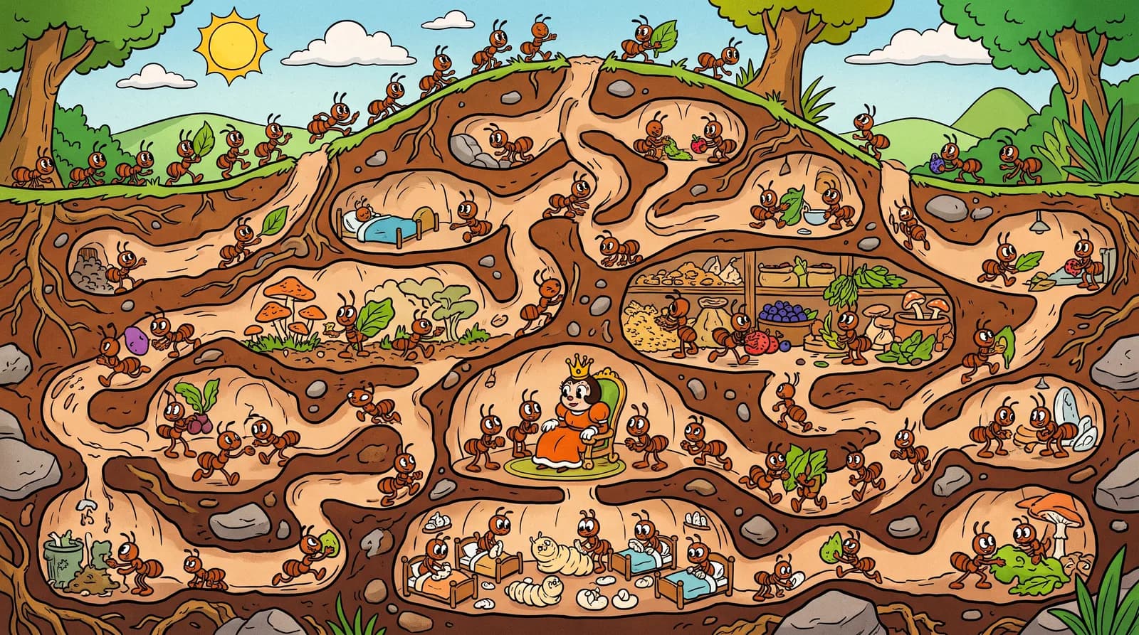 An anthill cut open to show its tunnels, chambers and stores