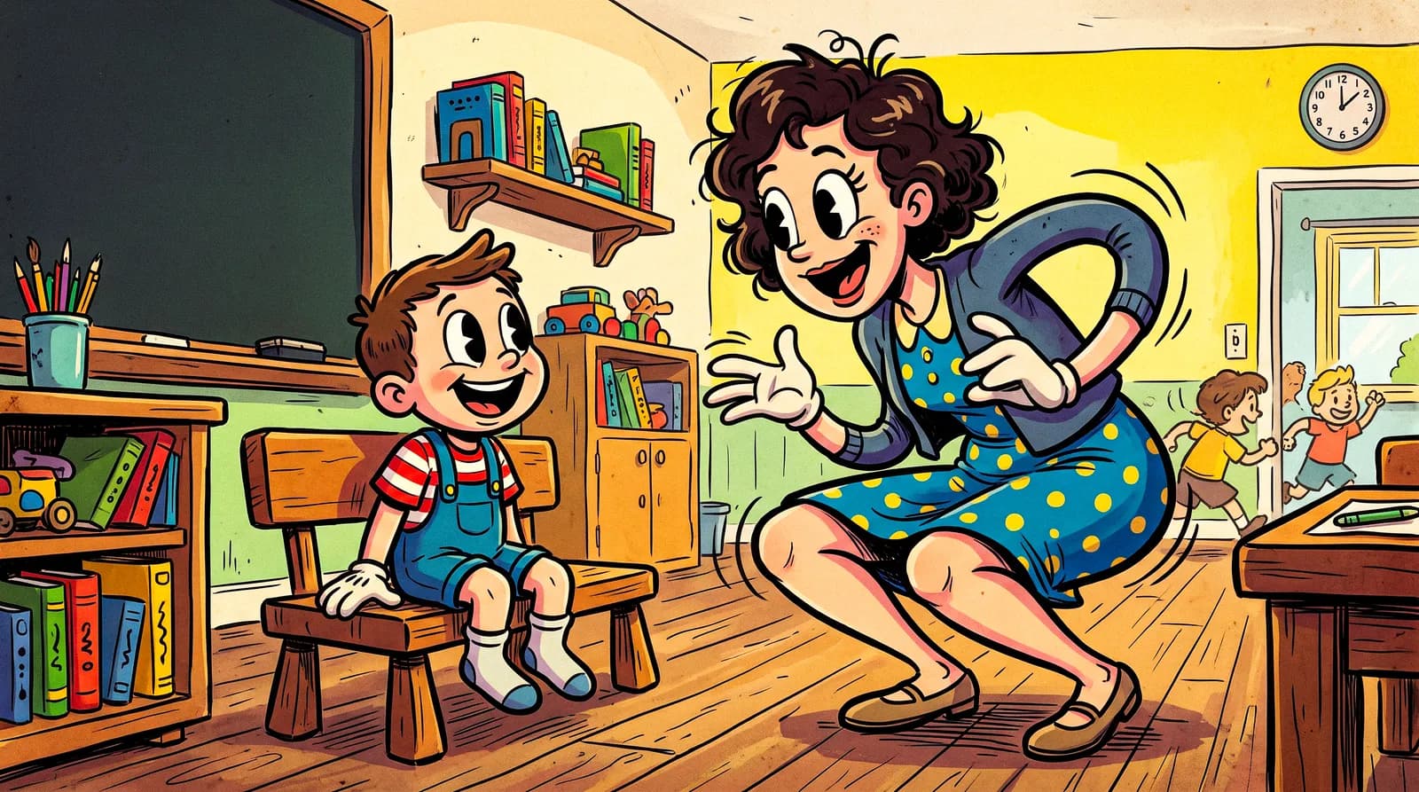 A teacher crouched beside a boy at his classroom desk