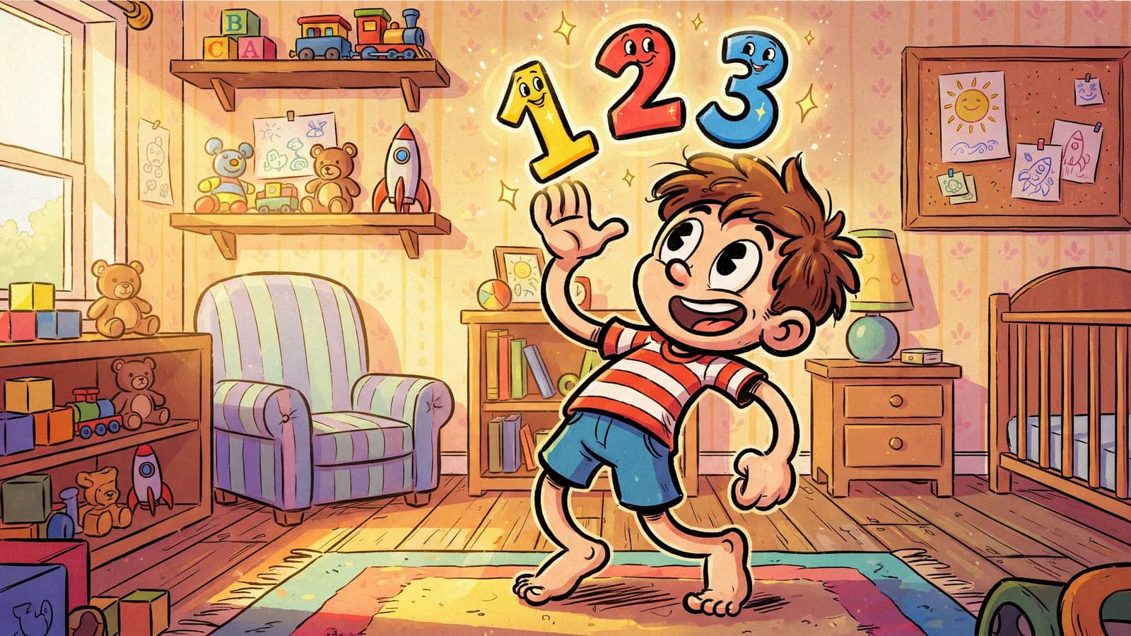 A boy looking up at a row of floating numerals