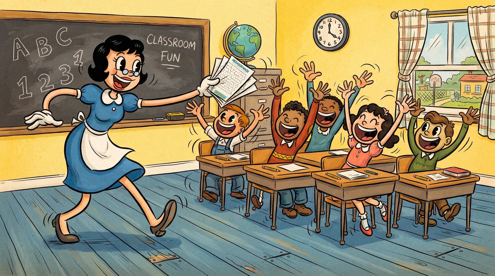 A teacher handing out sheets to a class of eager children