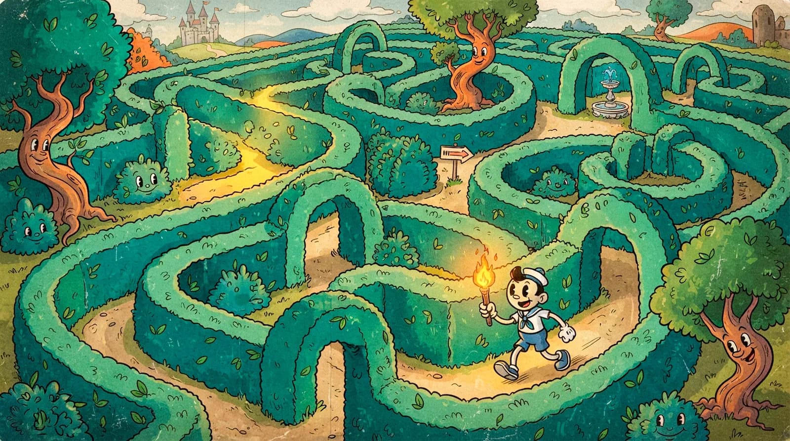 A tiny explorer standing at the entrance of a huge green hedge maze
