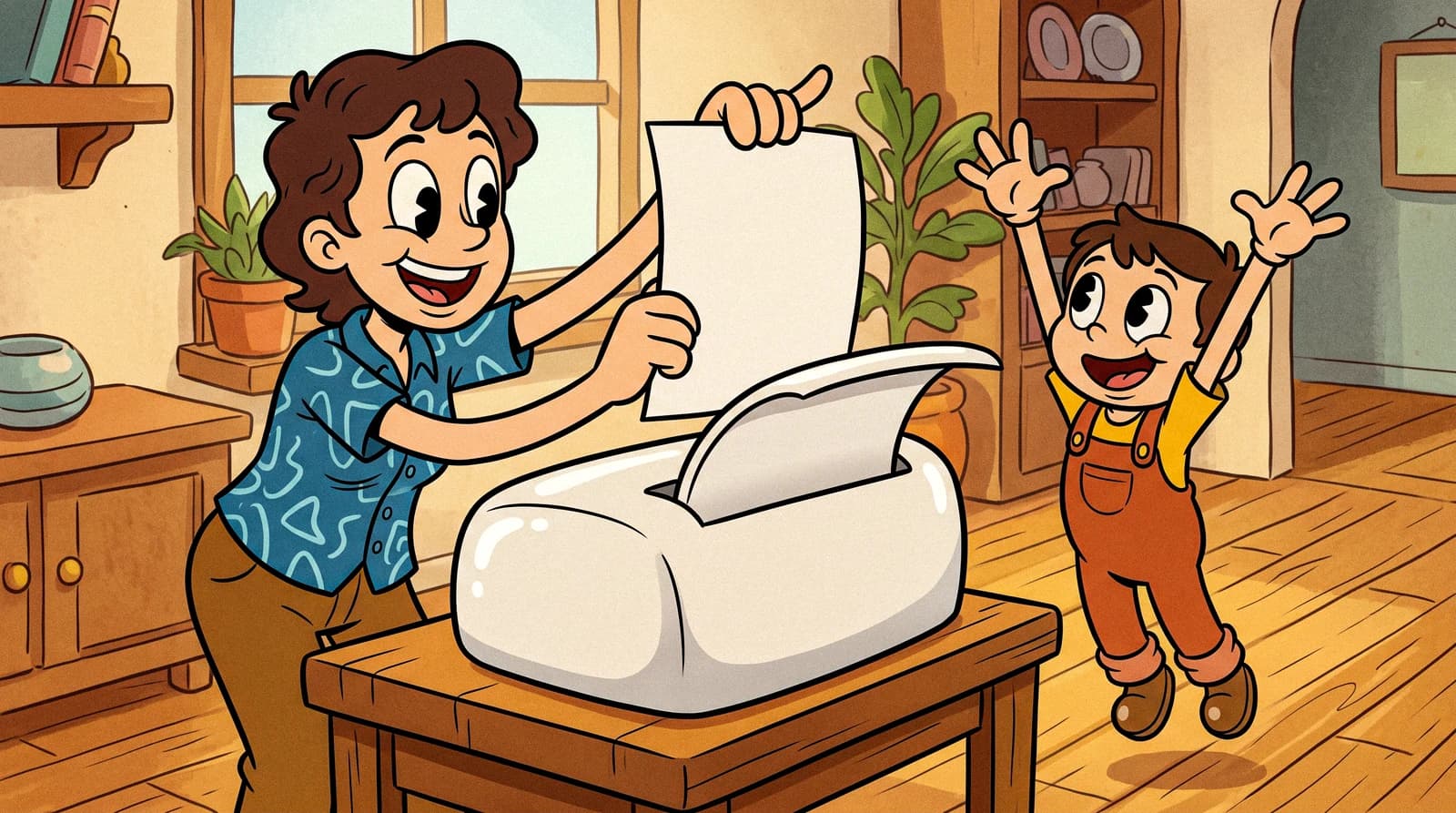 A parent lifting a freshly printed sheet while a child reaches for it