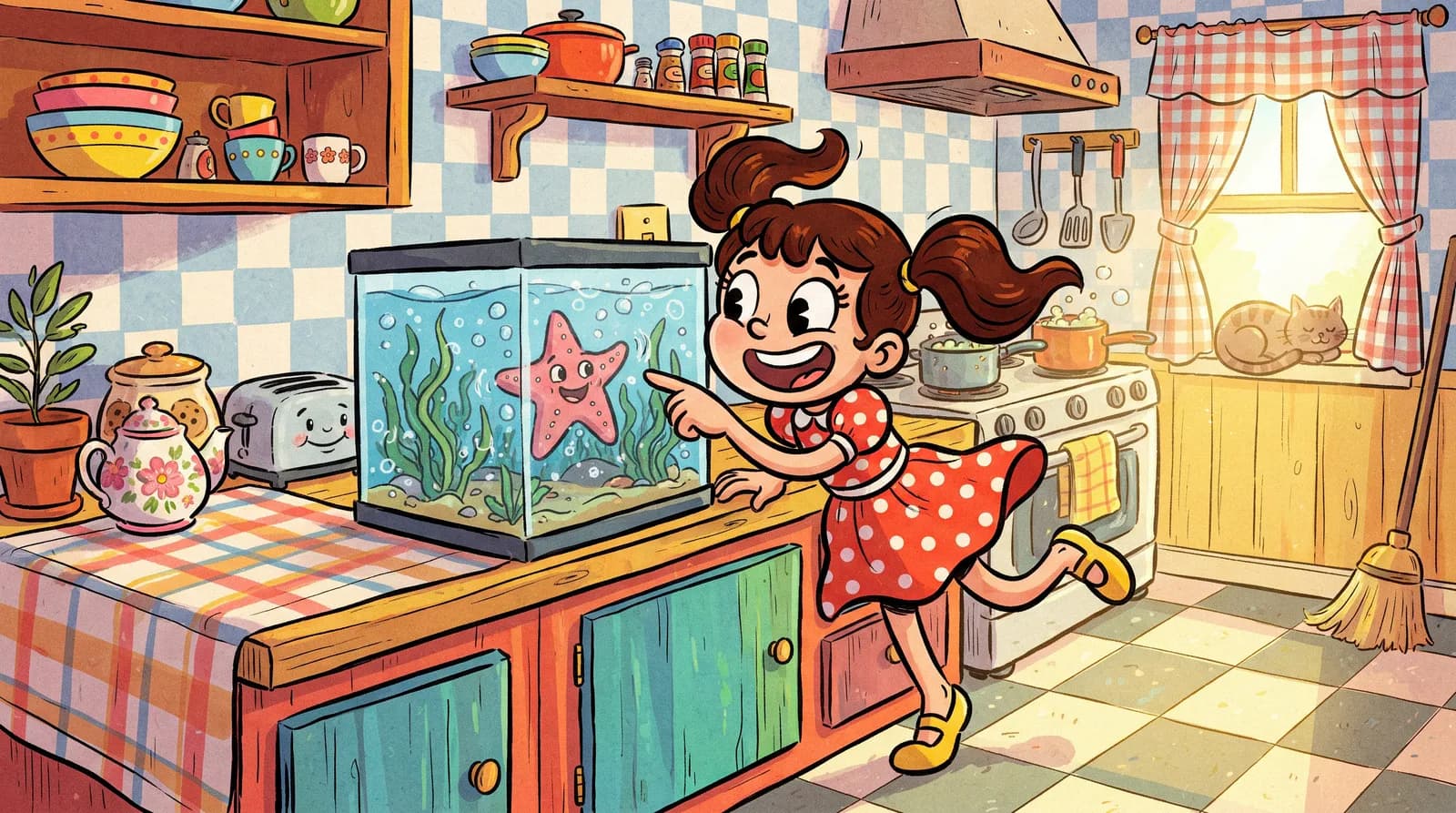 A girl studying a five-pointed starfish she has found