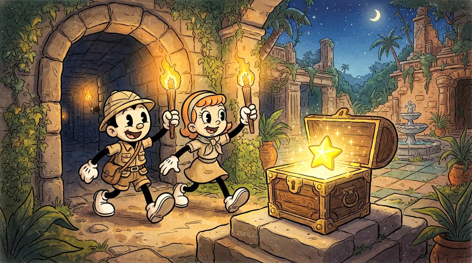 Two young explorers finding a treasure chest with a star inside it