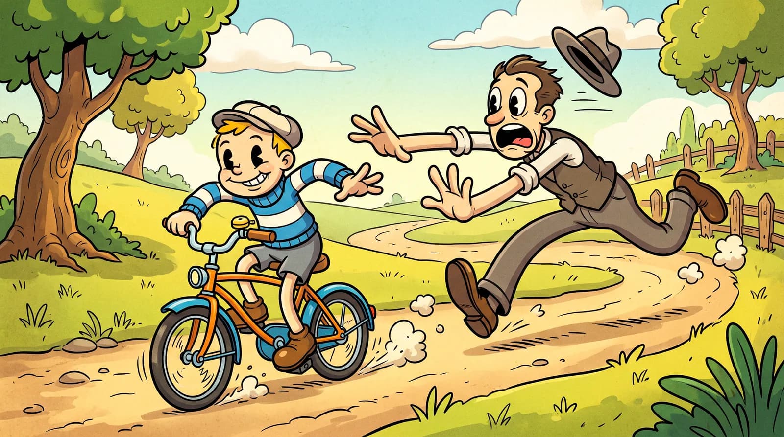A father running behind a child on a bicycle, hands just off the saddle