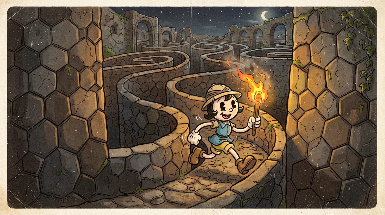 A young explorer with a torch inside a maze built from hexagonal stone