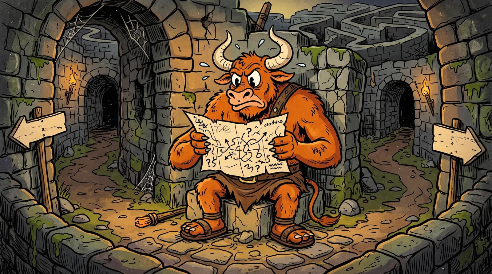 A minotaur sitting in a stone labyrinth reading a map