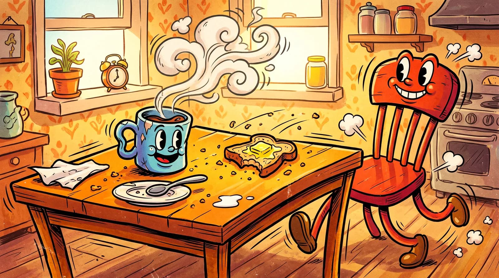 A kitchen table in the morning with crumbs, a mug and an empty chair