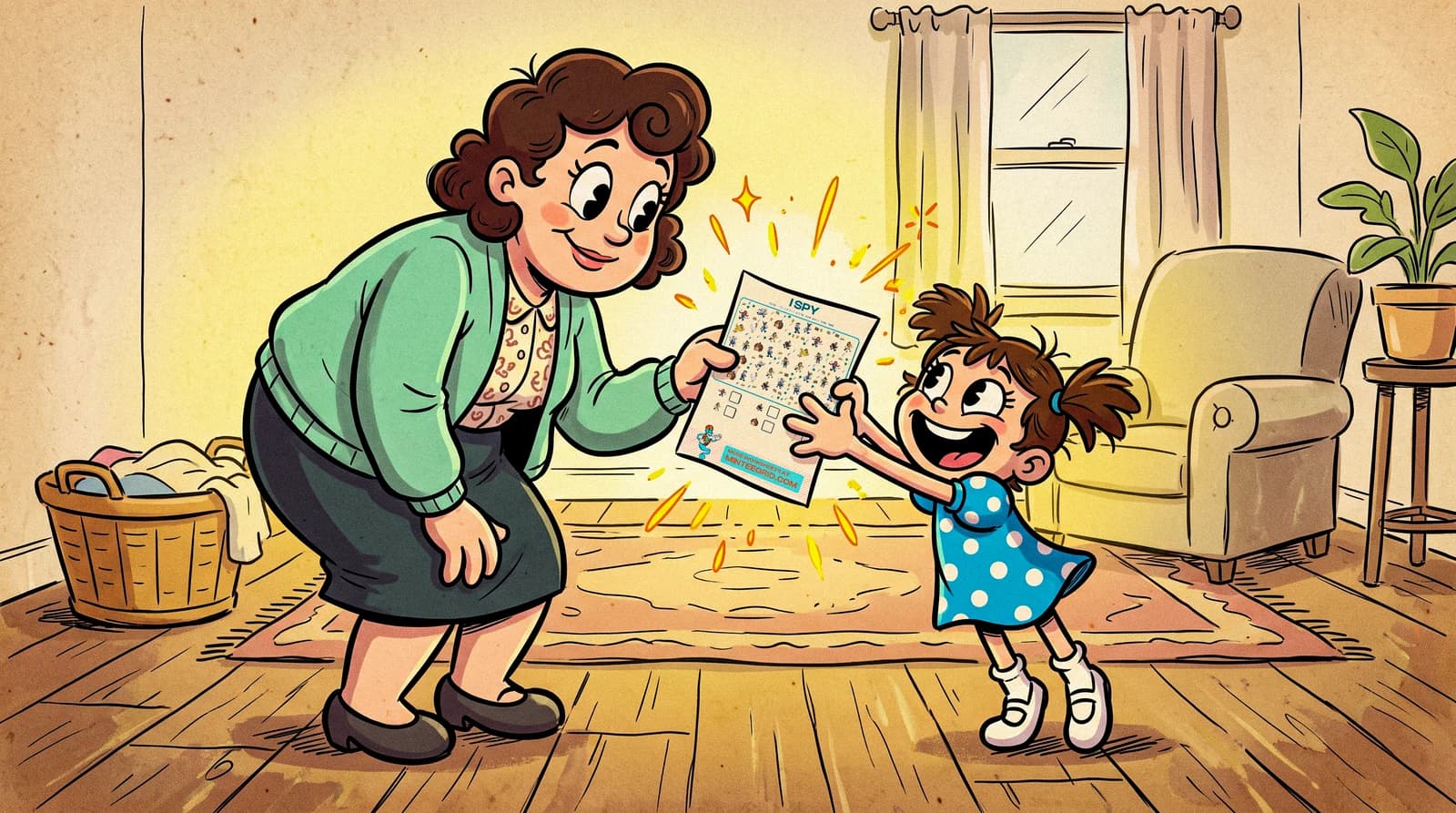A mother handing a freshly printed sheet down to her child