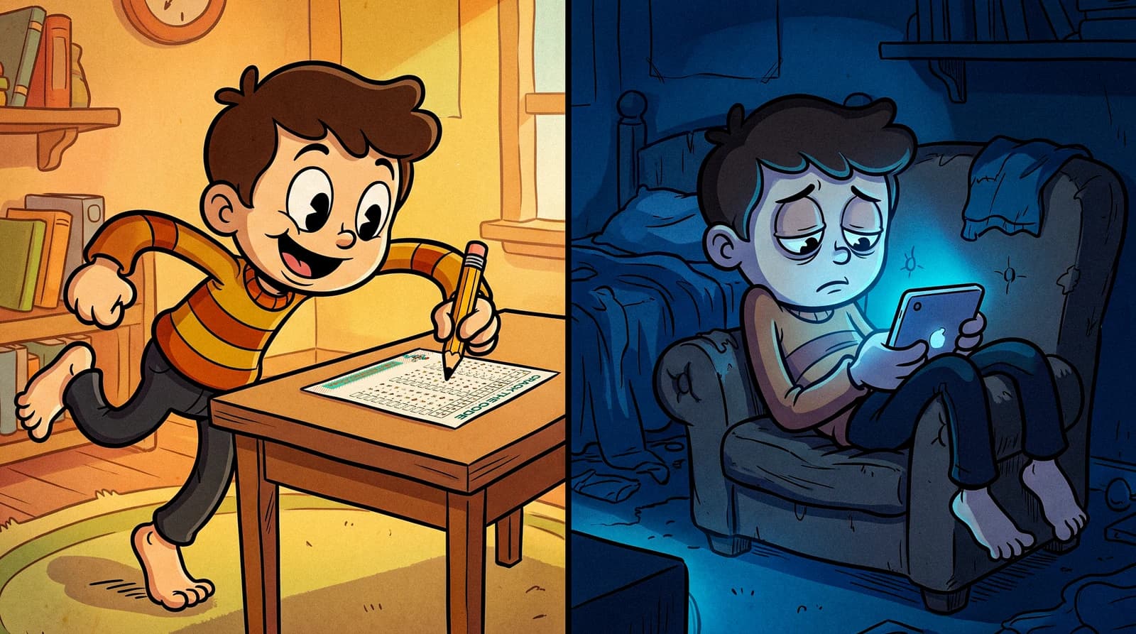The same child absorbed in paper on one side, drifting on a tablet on the other